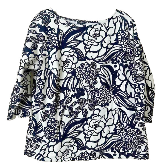 Talbots Top 1X Black White Textured Thick Stretch Floral Feminine CottageCore - Picture 1 of 6